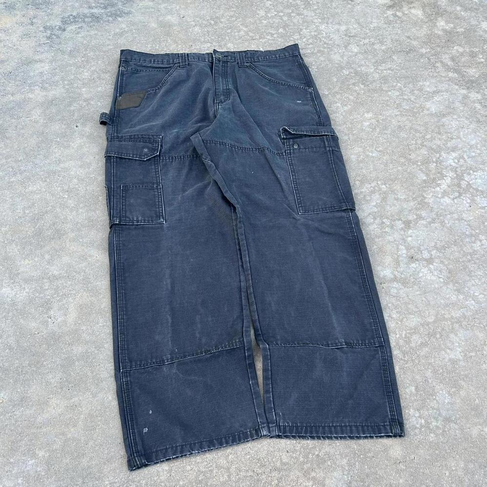 Baggy Black Double Knee Cargo Workwear Pants